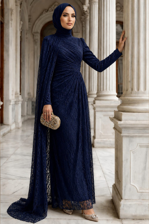 Modest Evening Dress - Dantel Navy Blue Modest Evening Dress 5659L 