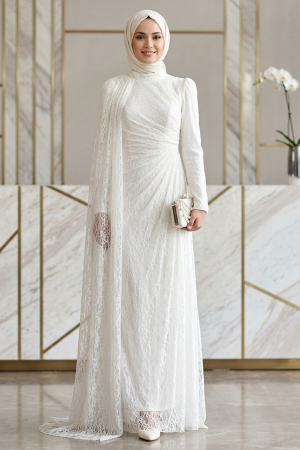 Modest Evening Dress - Dantel White Modest Evening Dress 5659B 