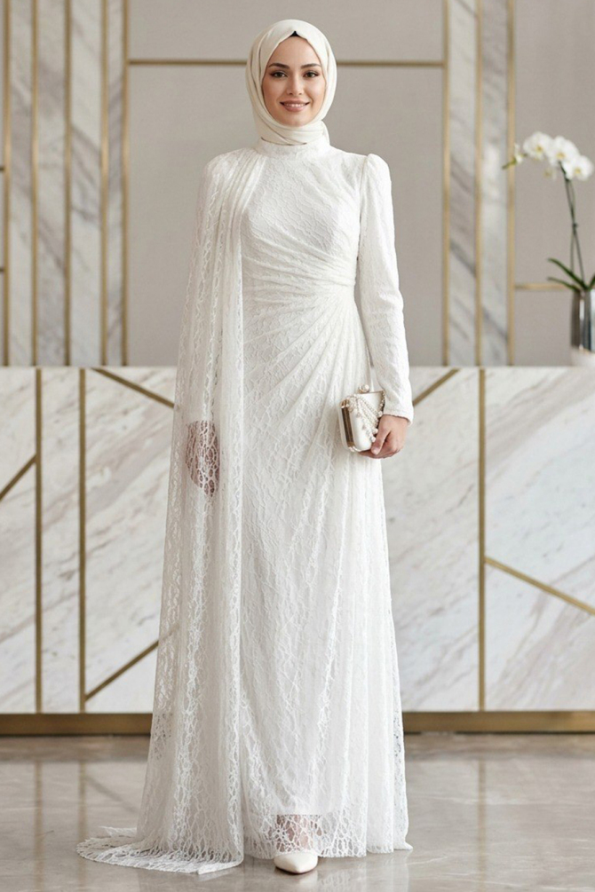 Modest Evening Dress - Dantel White Modest Evening Dress 5659B - 1