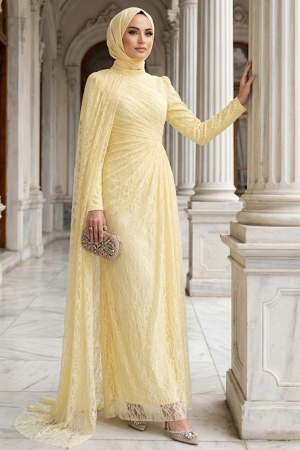 Modest Evening Dress - Dantel Yellow Modest Evening Dress 5659SR 