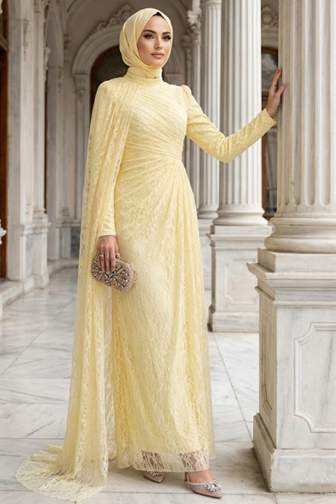 Modest Evening Dress - Dantel Yellow Modest Evening Dress 5659SR - 1