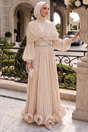 Modest Evening Dress - Drape Detailed Beige Modest Evening Dress 56371BEJ - 1