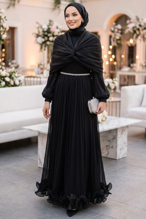 Modest Evening Dress - Drape Detailed Black Modest Evening Dress 56371S - 1
