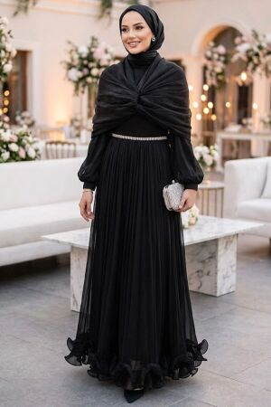 Modest Evening Dress - Drape Detailed Black Modest Evening Dress 56371S 