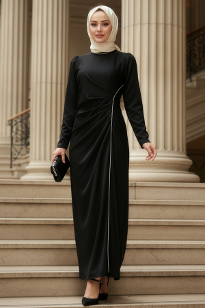 Modest Evening Dress - Drape Detailed Black Modest Satin Evening Dress 46681S - 1