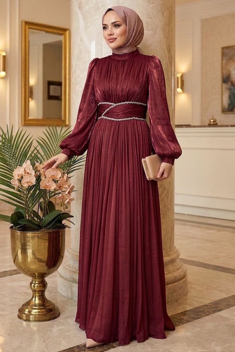 Modest Evening Dress - Drape Detailed Burgundy Modest Evening Dress 54041BR