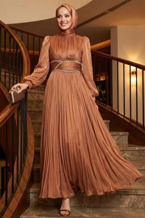Modest Evening Dress - Drape Detailed Camel Modest Evening Dress 54041C 
