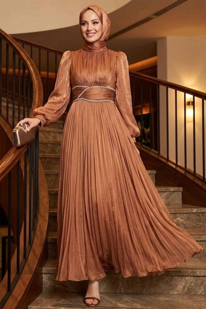 Modest Evening Dress - Drape Detailed Camel Modest Evening Dress 54041C - 1