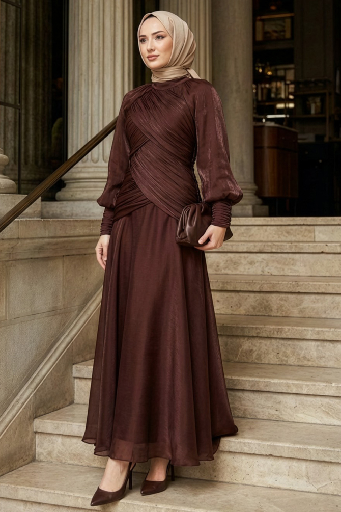 Modest Evening Dress - Drape Detailed Dark Brown Modest Evening Dress 55821KKH - 1
