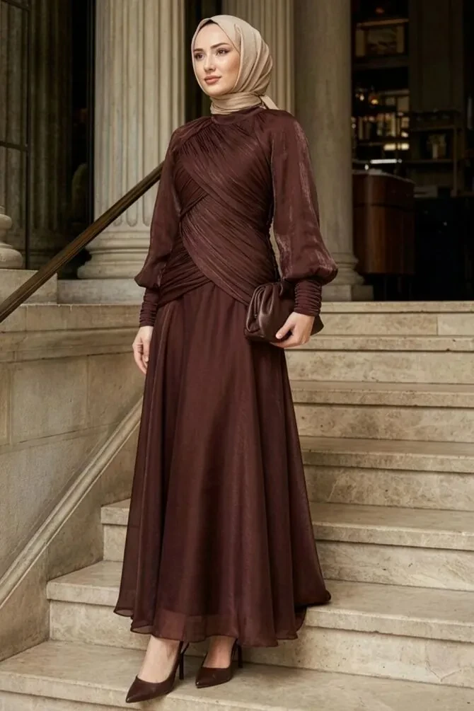 Modest Evening Dress - Drape Detailed Dark Brown Modest Evening Dress 55821KKH - 1