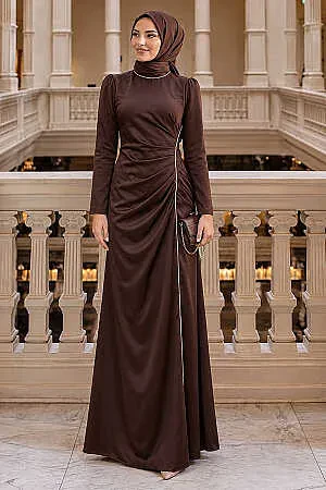 Modest Evening Dress - Drape Detailed Dark Brown Modest Satin Evening Dress 46681KKH - 1