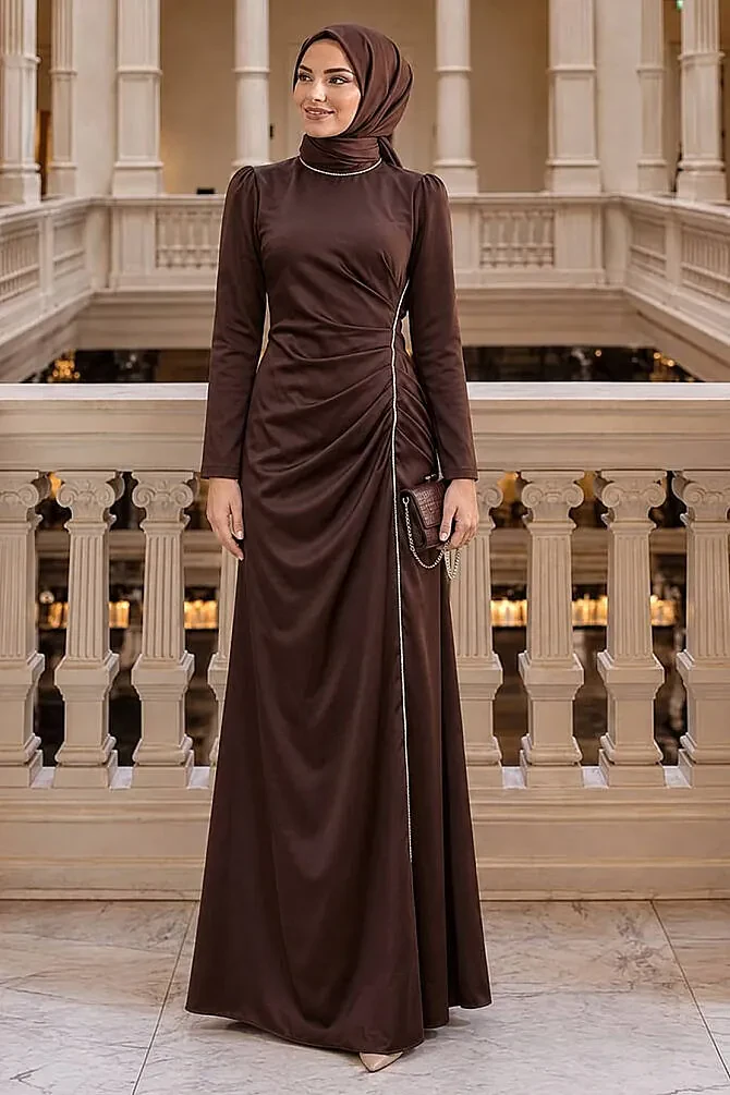 Modest Evening Dress - Drape Detailed Dark Brown Modest Satin Evening Dress 46681KKH - 1