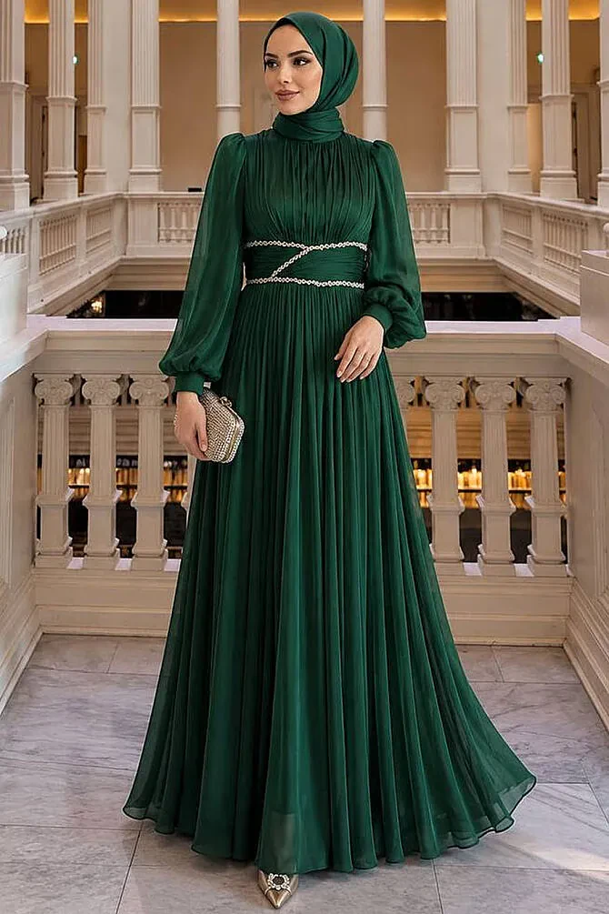Modest Evening Dress - Drape Detailed Green Modest Evening Dress 54041Y - 1