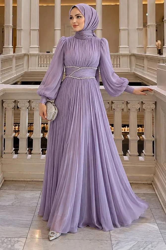 Modest Evening Dress - Drape Detailed Lila Modest Evening Dress 54041LILA - 1
