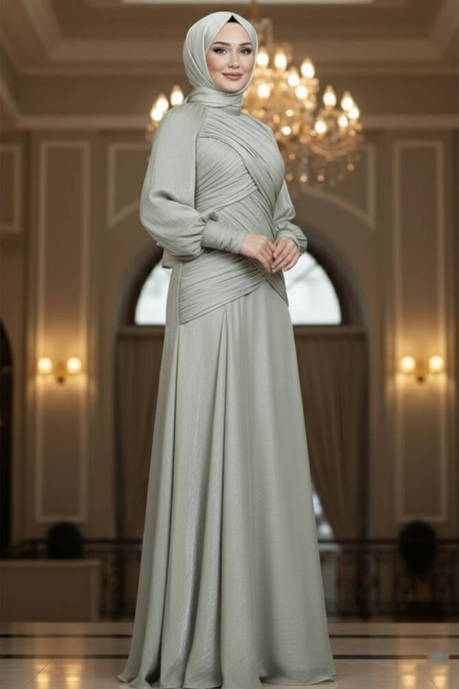 Modest Evening Dress - Drape Detailed Mint Modest Evening Dress 55821MINT - 1