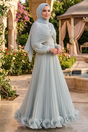 Modest Evening Dress - Drape Detailed Mint Modest Evening Dress 56371MINT - 1