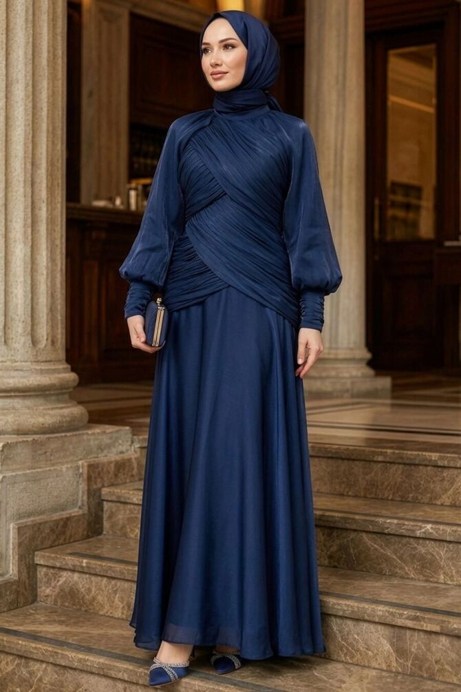 Modest Evening Dress - Drape Detailed Navy Blue Modest Evening Dress 55821L - 1