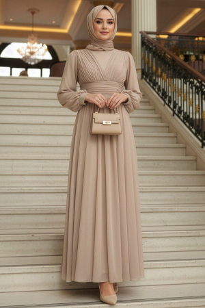 Modest Evening Dress - Drapeli Beige Modest Evening Dress 46321BEJ - 1