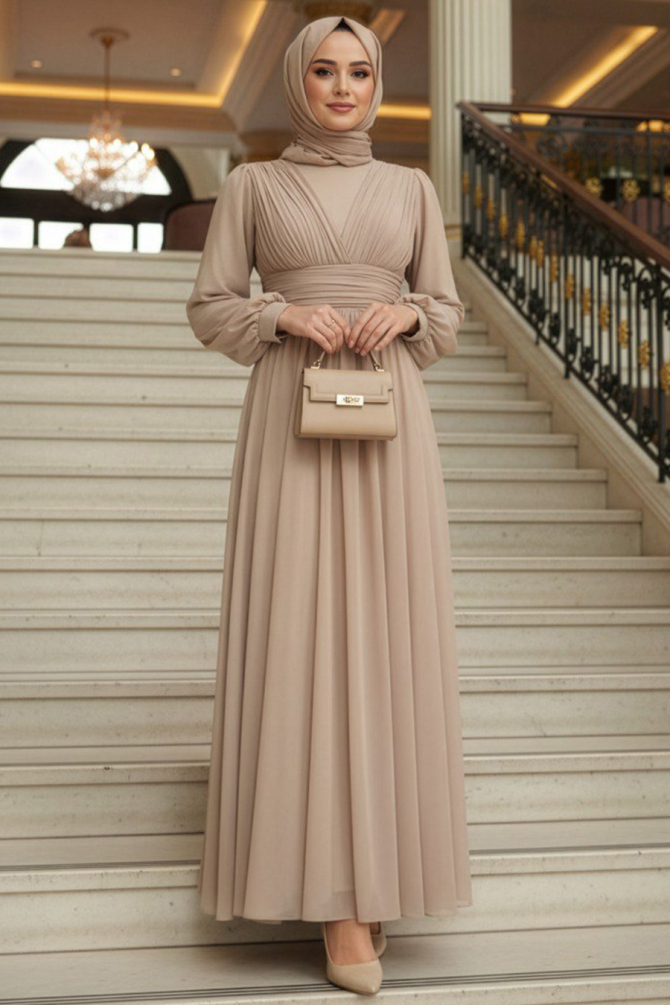 Modest Evening Dress - Drapeli Beige Modest Evening Dress 46321BEJ - 1