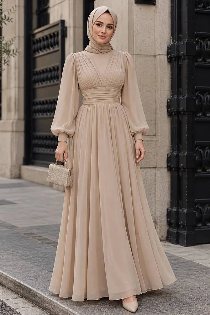 Modest Evening Dress - Drapeli Beige Modest Evening Dress 46321BEJ - 1