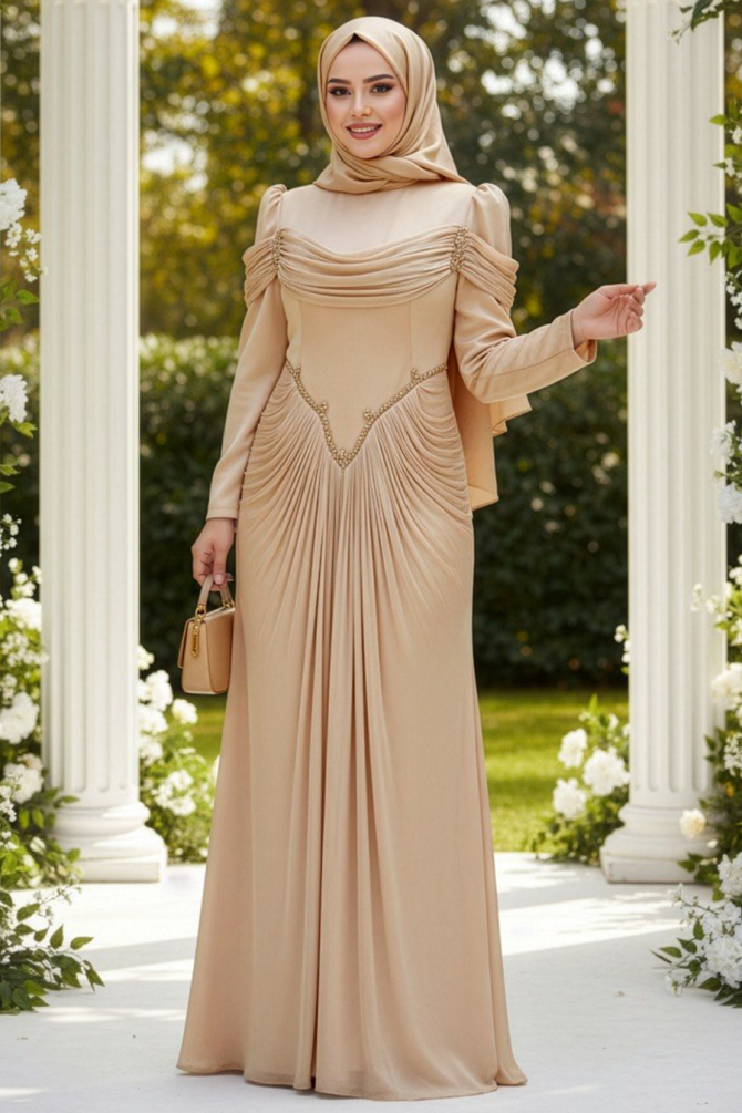 Modest Evening Dress - Drapeli Beige Modest Evening Dress 70136BEJ - 1