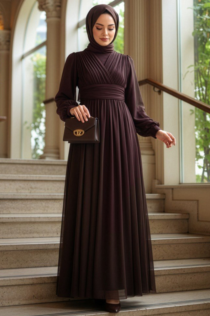 Modest Evening Dress - Drapeli Brown Modest Evening Dress 46321KH - 1