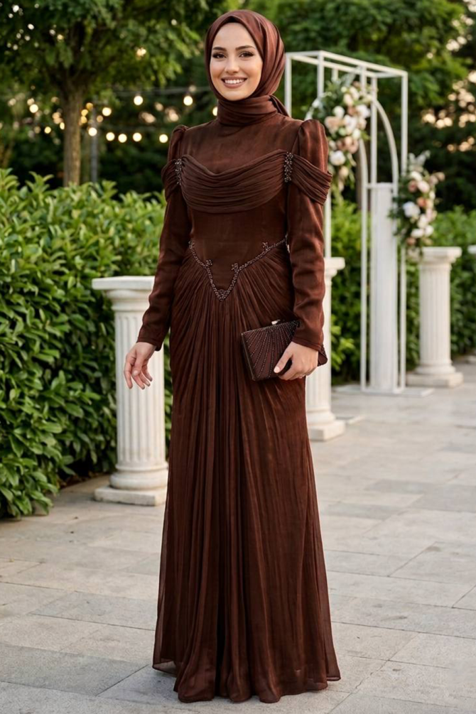 Modest Evening Dress - Drapeli Brown Modest Evening Dress 70136KH - 1