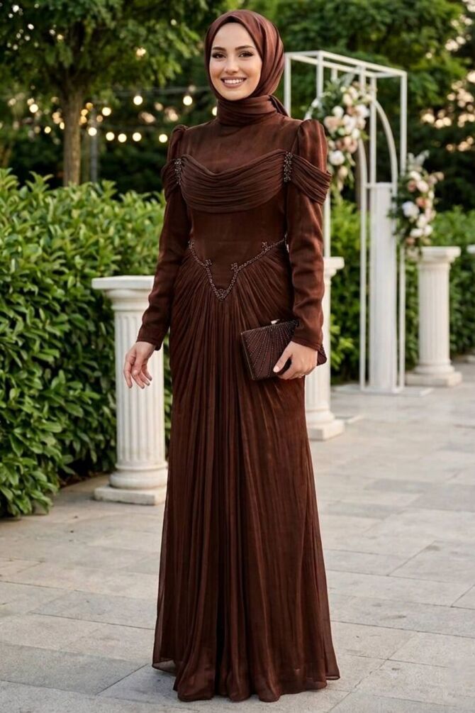 Modest Evening Dress - Drapeli Brown Modest Evening Dress 70136KH - 1