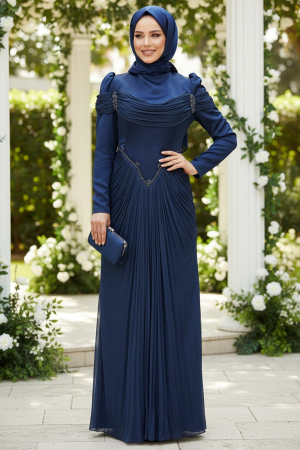 Modest Evening Dress - Drapeli Navy Blue Modest Evening Dress 70136L 