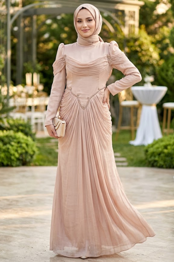 Modest Evening Dress - Drapeli Powder Pink Modest Evening Dress 70136PD - 1