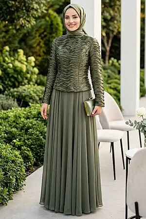 Modest Evening Dress - Gathering Detailed Khaki Modest Evening Dress 54912HK - N.S NEVA STYLE