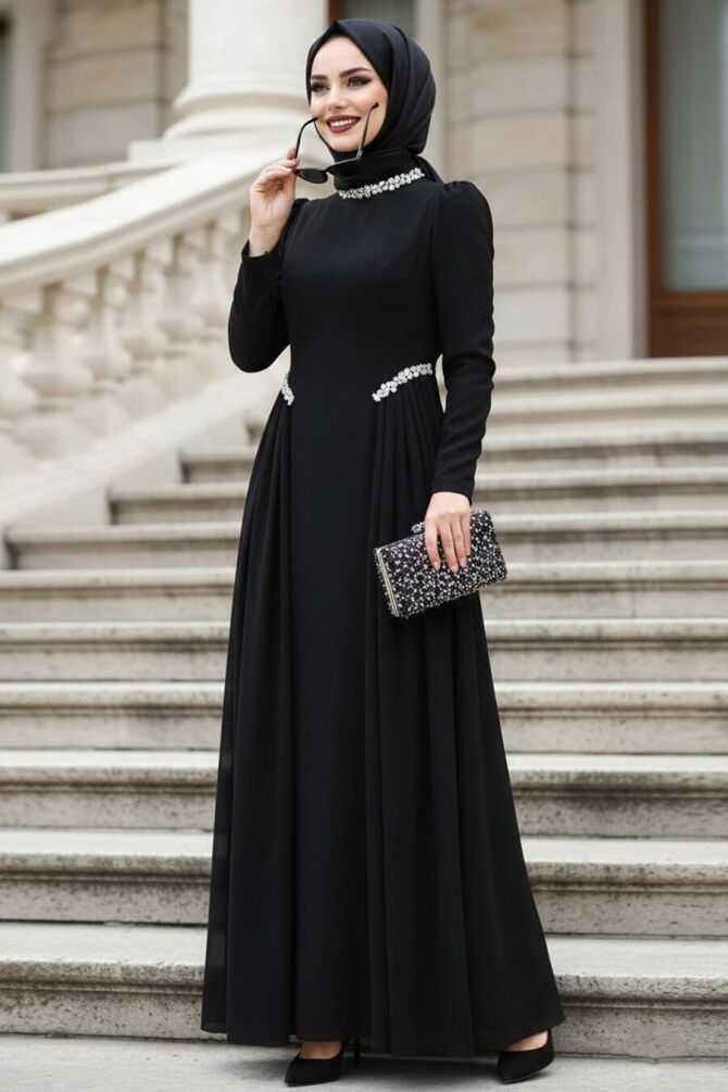 Modest Evening Dress - Kuyruklu Black Modest Evening Dress 4868S - 1