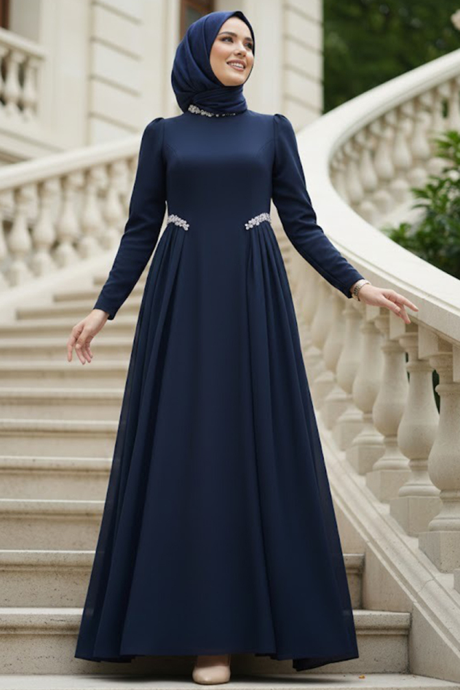 Modest Evening Dress - Kuyruklu Navy Blue Modest Evening Dress 4868L - 1
