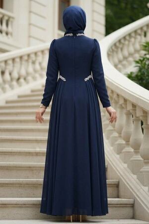 Modest Evening Dress - Kuyruklu Navy Blue Modest Evening Dress 4868L - 2