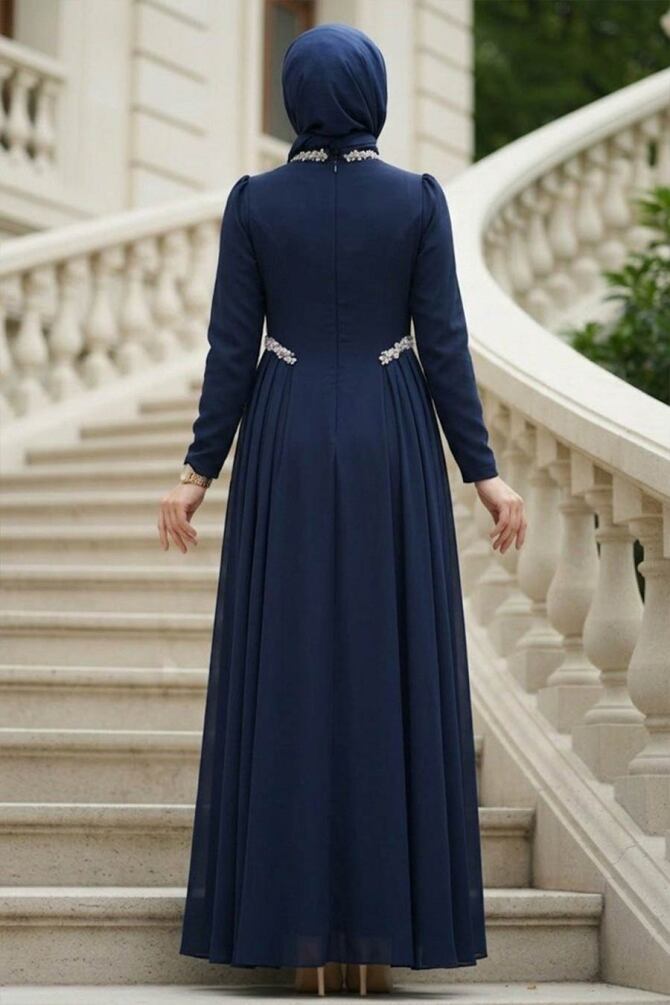 Modest Evening Dress - Kuyruklu Navy Blue Modest Evening Dress 4868L - 2