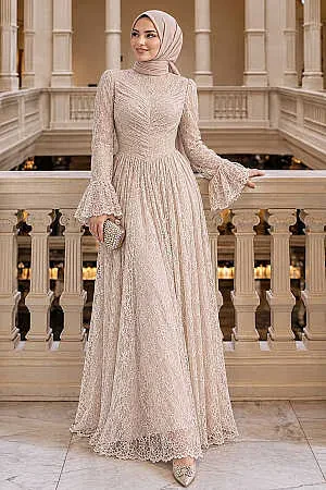 Modest Evening Dress - Lace Beige Modest Evening Dress 56561BEJ - 1