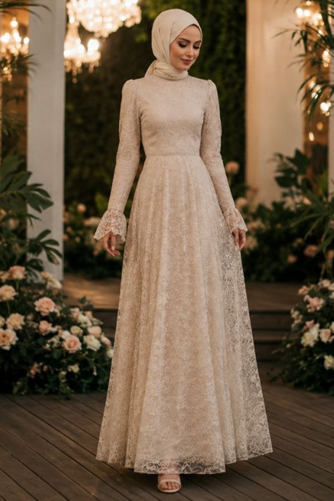 Modest Evening Dress - Lace Beige Modest Evening Dress 6294BEJ - 1