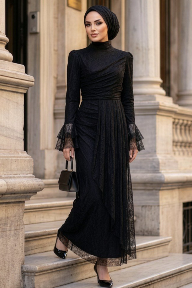 Modest Evening Dress - Lace Black Modest Evening Dress 9279S - 1