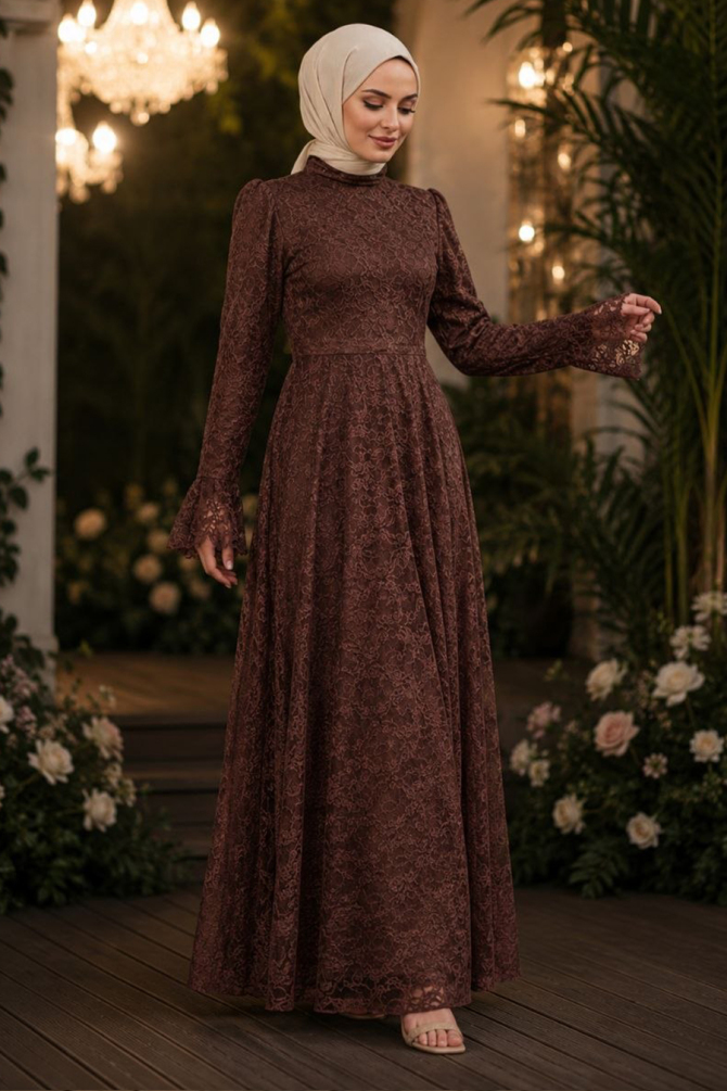 Modest Evening Dress - Lace Brown Modest Evening Dress 6294KH - 1