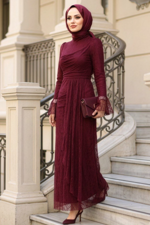 Modest Evening Dress - Lace Burgundy Modest Evening Dress 9279BR 