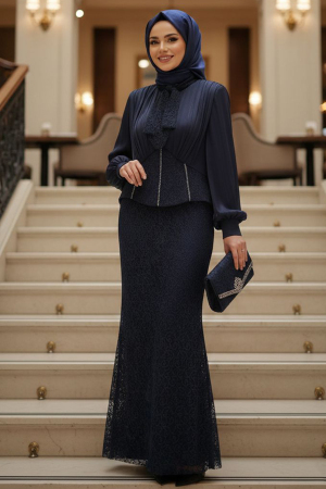 Modest Evening Dress - Lace Navy Blue Modest Evening Dress 70135L - 1