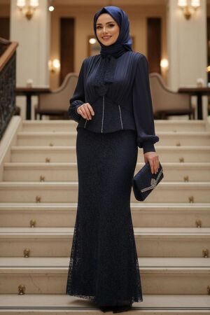 Modest Evening Dress - Lace Navy Blue Modest Evening Dress 70135L 