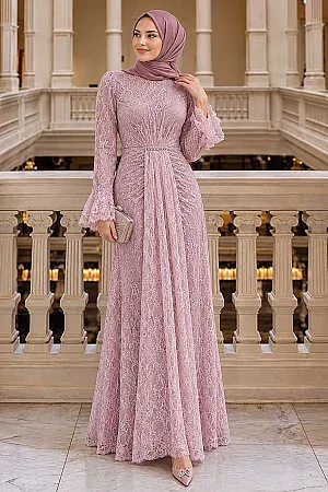 Modest Evening Dress - Lace Pink Modest Evening Dress 56621P 