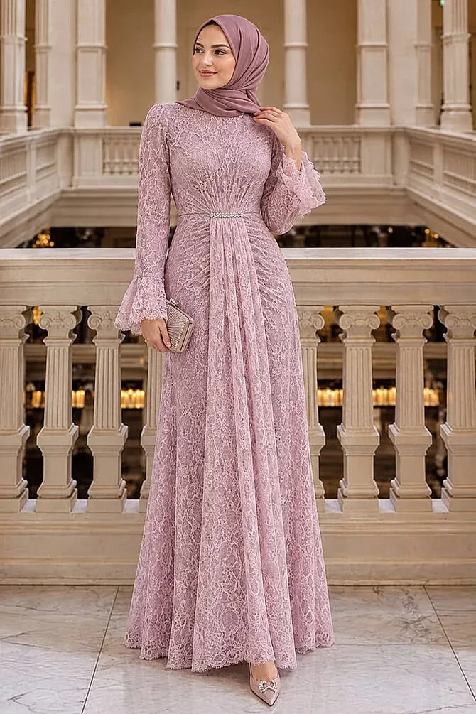 Modest Evening Dress - Lace Pink Modest Evening Dress 56621P - 1