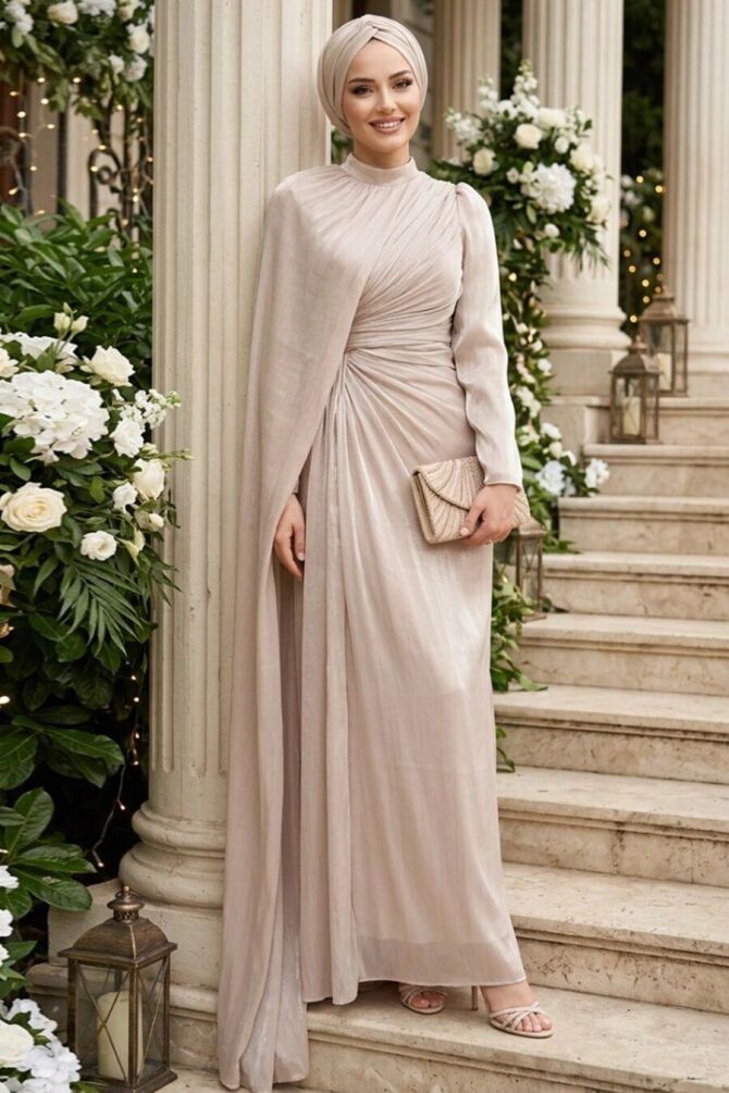 Modest Evening Dress - Pelerin Detailed Beige Modest Evening Dress 52142BEJ - 1