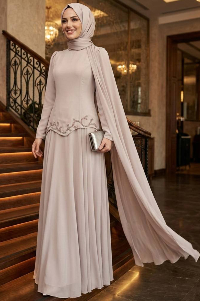 Modest Evening Dress - Pelerin Detailed Beige Modest Evening Dress 56081BEJ - 1