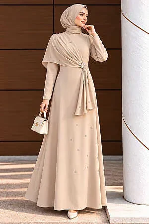 Modest Evening Dress - Pelerin Detailed Beige Modest Evening Dress 56101BEJ 