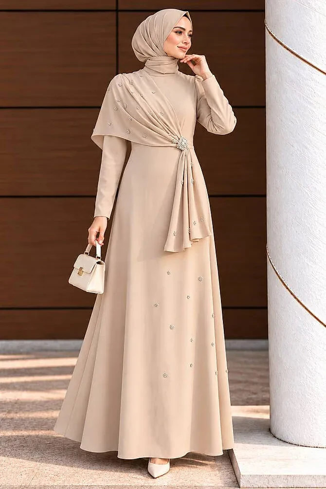 Modest Evening Dress - Pelerin Detailed Beige Modest Evening Dress 56101BEJ - 1