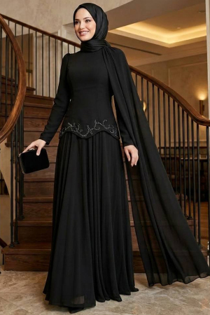 Modest Evening Dress - Pelerin Detailed Black Modest Evening Dress 56081S 
