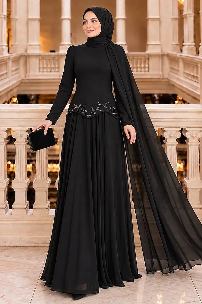 Modest Evening Dress - Pelerin Detailed Black Modest Evening Dress 56081S - 1